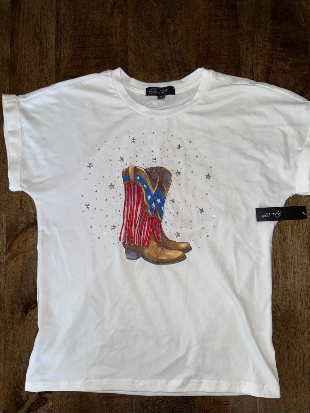 White Short Sleeve Tee with Patriotic Cowboy Boot Graphic